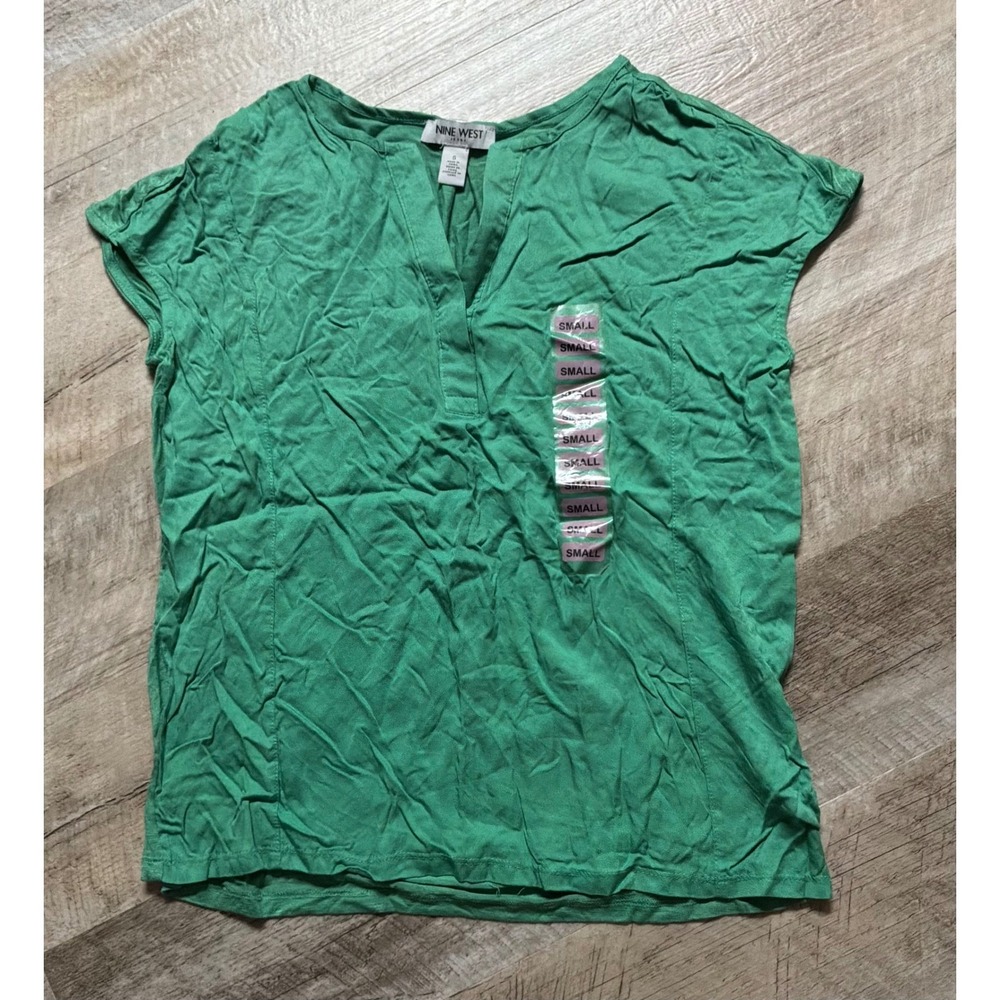 Nine West Summer Top Womens Green Split V-Neck Shirt - Size S